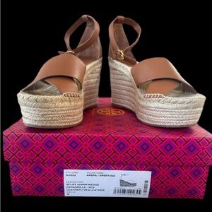Tory Burch Tan Leather Espadrille Wedges